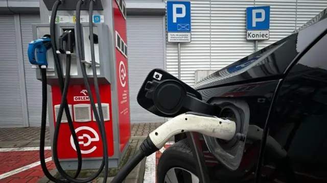 A picture of an electric car being recharged at a public station.
