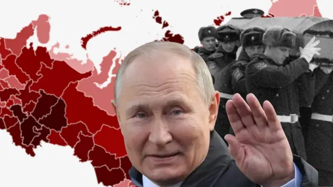 Rossiyalik askarlar dafn marosimi, Rossiya xaritasi va Putin surati.