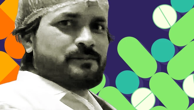 Vinod Sharma, wear hair net, on di left of di picture. Di right-hand side of di image show graphic illustration of pills in green and white. 