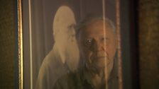 David Attenborough reflected in Darwin's portrait, while filming takes place for Charles Darwin and the Tree of Life.