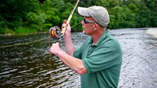 Ghillie Mick Charlton casts a fly at Middle Pavilion fishing beat