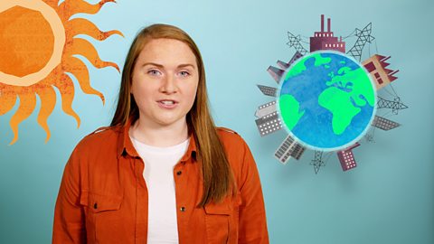 A girl with an illustration of the Sun and the Earth behind her