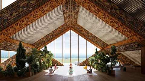 BIG A rendering of the new Gelephu International Airport, which will have yoga rooms and gong baths (Credit: BIG)
