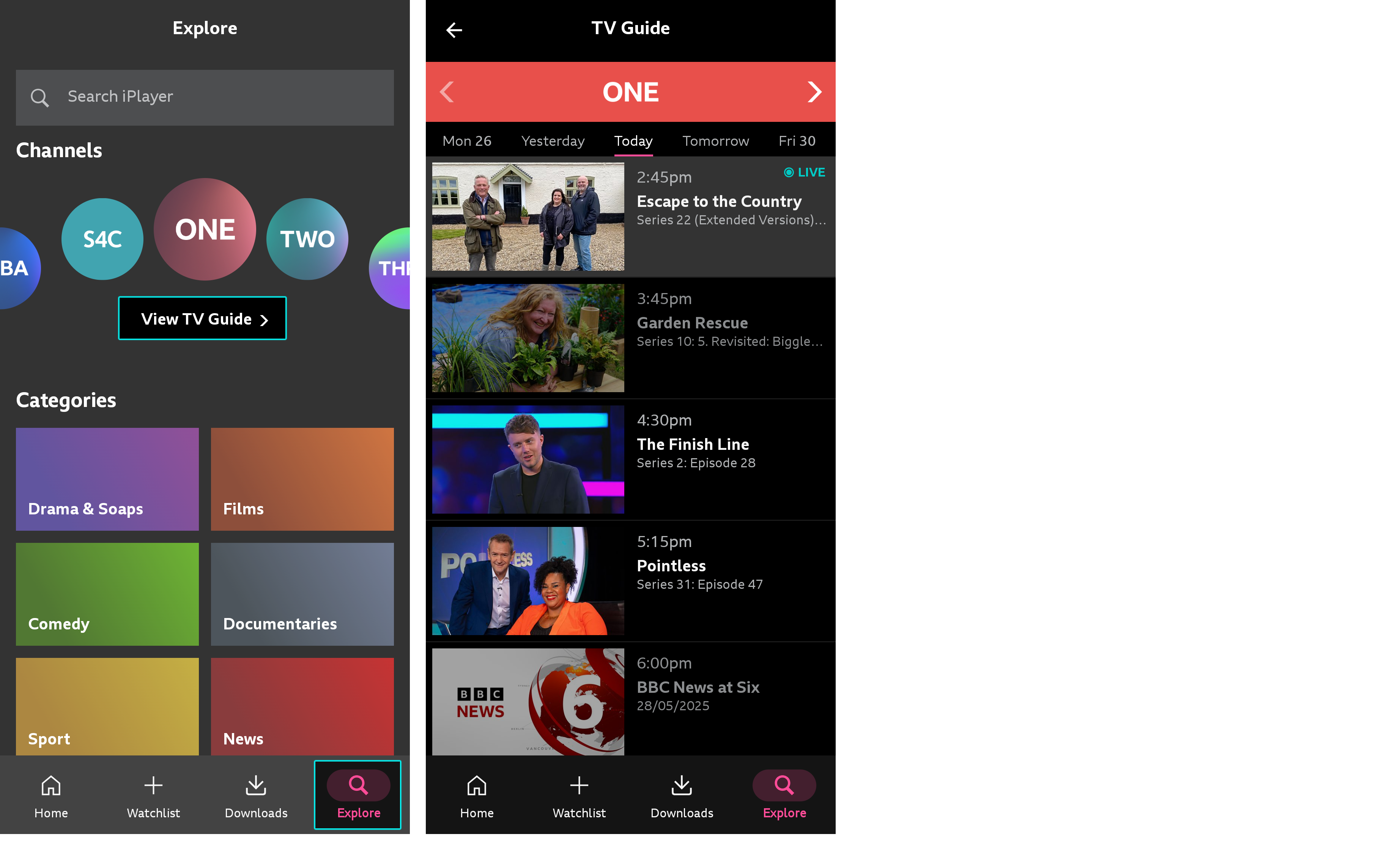 Two screenshots from the iPlayer mobile app. The first is of the Explore menu, with the 'Explore' and 'TV Guide' options highlighted. The second shows the TV guide open on BBC One.