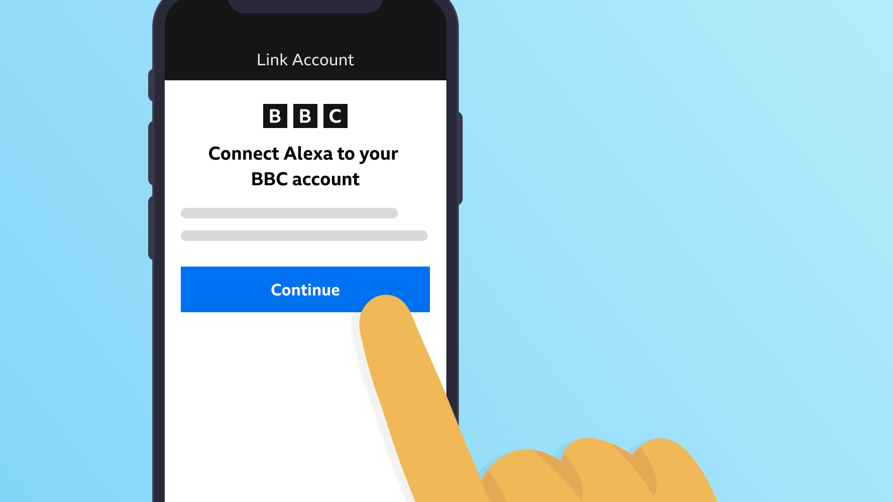 The “Connect Alexa to your BBC account” screen shown after the user taps a notification, the user then taps the Continue button.