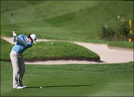 Rory McIlory of Northern Ireland on the par four 10th hole during a practice round at The Belfry