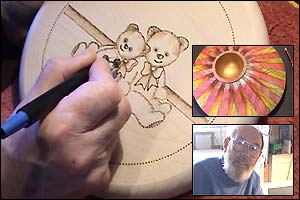 Pyrography examples and Bob Neil (inset)
