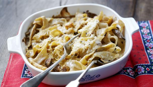 Baked pappardelle with porcini and pancetta